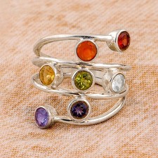 Breiter Ring Silber Damen Bunte Zirkonia Steine Fingerring Schmuck Mehrreihig