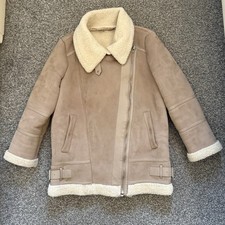 Zara Beige Kunstleder Lammfell Fell Biker Jacke Fliegermantel Größe L