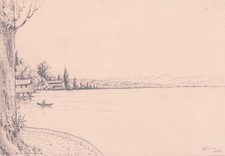 Bodensee Ruderboot Landschaft signiert unbekannt Unikat Zeichnung Bleistift 1950