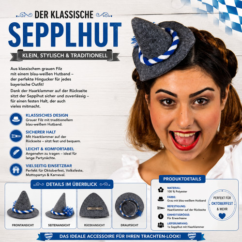 Mini sepplhut grau - grau, oktoberfest