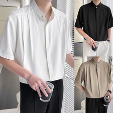 Herren Soft Ice Seidenhemd Kurzarm Stehkragen Locker Sitzhemd