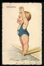 Künstler-AK Kleiner Junge im Badeanzug auf dem Sprungbrett 1930 