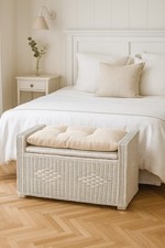 Rattan Sitztruhe Massivholz mit Stauraum & Kissen – Truhenbank Landhausstil