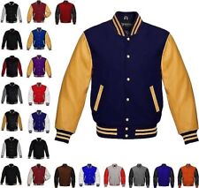 Baseball Varsity Letterman Bomber Solid Blue Wool & Leather Sleeves Jacket 