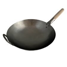 Wok Pfanne 40 cm Ø handgehämmerter runder Boden Karbon Stahl Holzgriff Gas Herd 