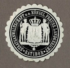 Siegelmarke Preußen STAATSANWALTSCHAFT B. D. KÖNIGL. PREUSS. LANDGERICHT RATIBOR