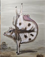 Bild Handgemalt auf Leinwand, Acryl, Yoga, Kuh, Skurril, Beige, 50 X 40 cm