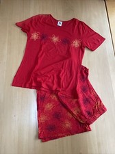 NANSO Pyjama Blumen kurzärmelig weite 7/8 Hose Schlafanzug Damen rot Gr. S