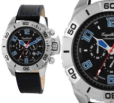 Herrenuhr Armbanduhr Chronograph Schwarz Blau Silber Leder ENGELHARDT 269 UVP