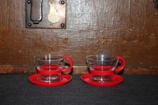 Vintage Bodum 2 Espresso Tassen Glas Untertelle Kunsstoff Rot