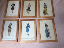6 gemalte und colorierte Modezeichnungen aus den 50iger Jahren signiert H. Just