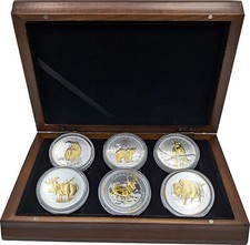 Kanada 2011 - 2013 6 x 5 Dollars Canadian Wildlife Silber st vergoldet Wolf Elch