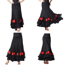 Flamenco Gesellschaftstanz Kostüm Walzer Pailletten Langer Rock Schwarz+Rot