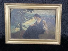 Antik Ölgemälde Frau am Fluss Landschaft Symbolismus Öl auf Holz Nachlass alt