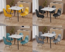 5-teiliges modernes Keramik Esstisch & Stuhl Set mit Massivholzbeinen weiß glänzend