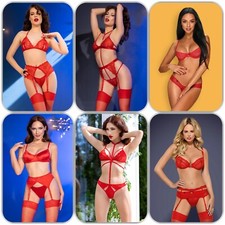 Feurig Rotes Spitzen Dessous BH Set mit Strumpfhaltergürtel Strapse S-XXL