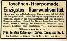 Selbsterfundenes Haarwuchsmittel Josefine Unteregger Historische Annonce 1910