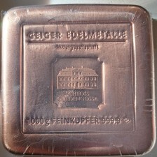 Kupferbarren Geiger 1 kg 999.9  Feinkupfer mit Zertifikat Schloss Güldengossa