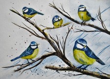 Aquarell Original Bild  Vögel Meisen 40 x 30 Natur Signiert 