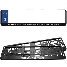 2 KENNZEICHENHALTER (EU Norm) mit Wunschtext / Beschriftung WEISS BEDRUCKT