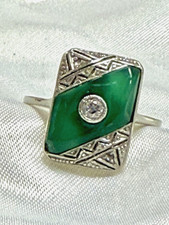 bezaubernder Art-Déco Chrysopras Ring mit Diamant 585 Weißgold mit Platin Gr. 58