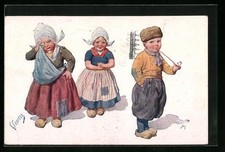 Künstler-AK Karl Feiertag: Zwei holländische Mädchen und Junge in Holzschuhen 