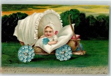 10671935 - Bollerwagen mit Blueten Vergissmeinnicht Litho Baby 1906