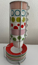 6 Espressotassen Kaffeetassen mit Untertassen und Gestell farbig Porzellan