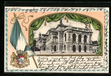 Passepartout-Lithographie Augsburg, Theater, Bayerisches Wappen, Fahne 1904 