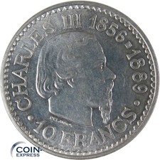 MONACO 10 Francs Münze 1966 110. Jahrestag Thronbesteigung Charles III Silber