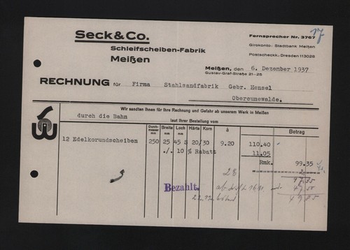 Meissen rechnung 1937 seck - meissen,,