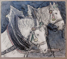 Pferde im Gespann Aquarell 1921 Fuhrwerk Rösser Tölz, Richard Pietzsch 1872-1960