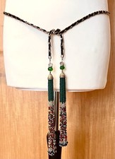 Vintage Hüft-Kettengürtel- Perlenfransen, goldfarbenes Metall-Wildleder. L.158cm