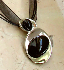 Kette Anhänger Onyx schwarz silber Stein Imitation oval Trachten Retro Look chic