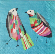 6 Servietten -  bunte Vögel Art Kunst blauer Hintergrund