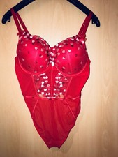 Damen Stringbody Body Teddy mit Spitze Gr.85B rot transparent glänzend neu