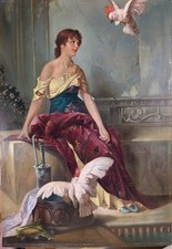 Conrad Kiesel Umkreis, Frau mit Kakadus, Öl auf Karton, um 1881, gerahmt