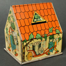 Alte Blechspielzeug Spardose Frosch Bank Frogger money box Blech Spardosen Haus