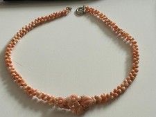 Kette Koralle Engelshautkoralle Brosche Geschnitzt Floral Vintage Alt