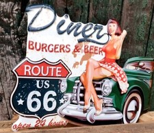 Blechschild, Route 66 Diner Schild  Grün 49 x 38 cm