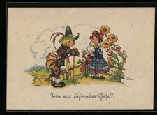 Künstler-AK Liesel Lauterborn: Gesell mit Laute und Frau 