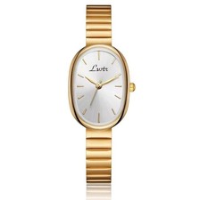 Damen Armbanduhr Gold oval Edelstahl vergoldet Quarzwerk schmal Strichindex Uhr