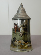 Schöner Glas-Krug mit Zinndeckel, um 1900, Pferdemotiv, 0,5 L