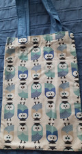 Große Kindertasche, Stofftasche große Eulen, BLAU / CREME -HANDARBEIT - NEU