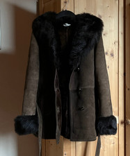 lange warme Lammfelljacke Fuchs Pelzkragen Stulpen Made in France Braun Gr. 38/M