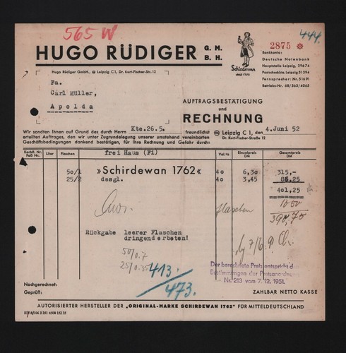 Leipzig rechnung 1952 hugo - leipzig,,