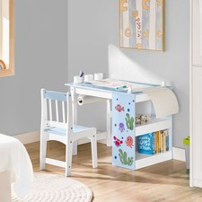 SoBuy 2 Stück Kindertisch und Stuhl Set mit Aufklebern Blau und Weiß KMB60-B