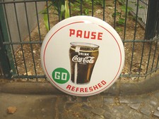 Altes Emailschild Coca-Cola Pause Go White Button 16 Zoll/Inch Sprite Kult rar!