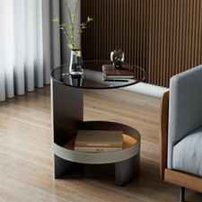 Rund Beistelltisch Modern Nachttisch Glas Leder Couchtisch Grau mit Stauraum DHL