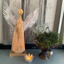 GROSSER Shabby LOOK HOLZ ENGEL MIT SILBERNEN METALL FLÜGELN 48 Cm NEU